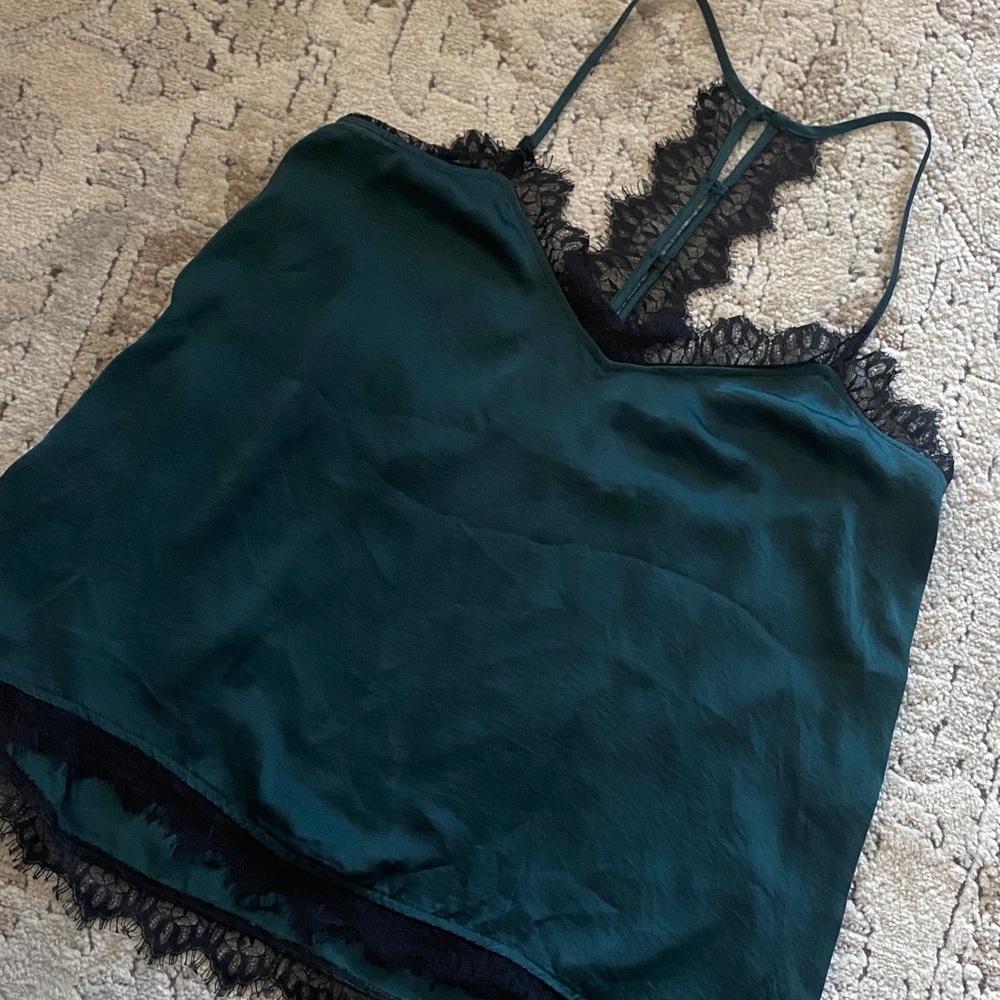 Jolt Dark Green Satin Lace Trim Cami